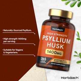 Psyllium Husk Capsules 1400mg | High Strength Fibre Supplement | Natural Prebiotic | 365 Vegan Capsules | by Horbaach