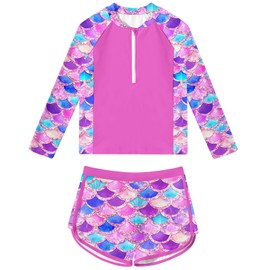 ALISISTER Girls Swimsuit Size 8 Mermaid Bathing Suits Long Sleeve Rash Guard Sets Two Piece Fish Scales Swimwear 9 Year Old