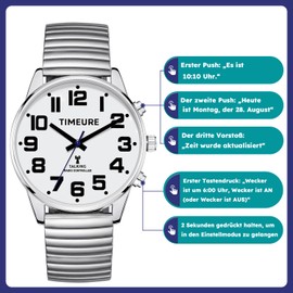 Men's Talking Watch Analogue Dial Time/Date Automatic Time Calibration Alarm Hourly Bell Strike TIMEURE-2309M, silver, Modern