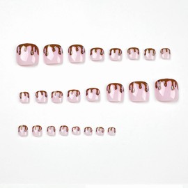 MERVF Press on Toenails for Women French Tip Fake Toe Nails Square Acrylic Artificail Toenails with Chocolate Design Glossy Glue on Toenails 24pcs