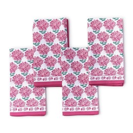 Two's Company Pink Hydrangea Cotton Cloth Napkins, 4-PC Washable Reusable Fabric Dinner Table Napkin