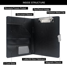 GraduationMall A5 Conference Folder Travel Portfolio with Clipboard Magnetic Clasp PU Leather Portable Document Organizer Black