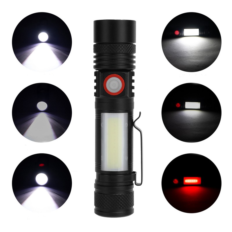 T6+COB Electric Torch Telescopic Zoom Powerful Flashlight Dual Light Sources
