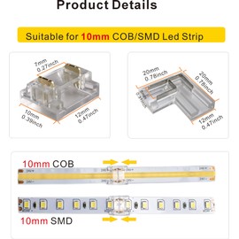 SWOTU 24 conectores de tira LED rectos y en forma de L de 2 pines de 10 mm de ancho COB/SMD de un solo color
