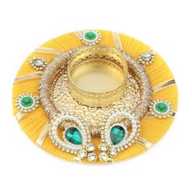 Decorative Mat Rangoli with T-Light candle Holder Stand for Indian Traditional Cultural Festival Decorations Made up of Golden Embrodaries for Gifting Idea Home Decor(Size:- 5")(Yellow)