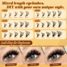 QUEWEL Cluster Lashes 6 Stile 600 STK Einzelne Wimpern 10-18 mm Wimpern Extensions geeignet für Anfänger, Lash Extension wiederverwendbar, Natürliches Make-up selbst zu Hause(30+40+50+60+80+100-B)