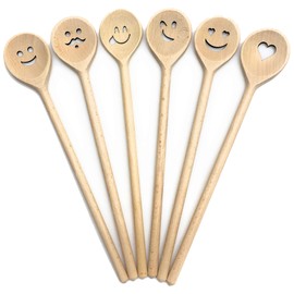 Balna Set of 6 Wooden Cooking Spoons, Wooden Cooking Spoon with Face Motif, Baking Spoon, Hardwood, Beech Wood, Kitchen Helper, Children's Gift, Crafts, Laser Cut