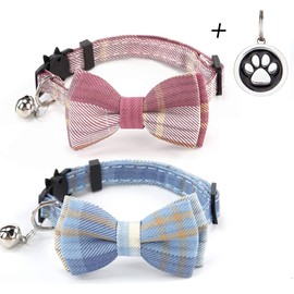 Cat Collars, Set of 2, for Cats, Puppy, Ribbon Included, Bell Included, Adjustable, Cute, Lightweight, Pet Collar, Safety Buckle Included (S Size (x2), Checkered Pattern, Pink + Blue)