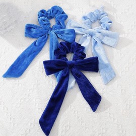 Mirlern 6-Piece Velvet Knotted Bow Scrunchies for Women and Girls, No Damage Cute Rubber Bands with Ribbon, Elastics Hair Ties Rope Ponytail Holder Hair Accessories (Blue Theme)