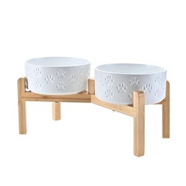 SPUNKYJUNKY Elevated Dog Bowls Ceramic, 7.3'' Dogs Food Water Bowls Raised with Non-Slip Bamboo Stand for Medium to Large Sized Breed Microwave Dishwasher Safe - 42 OZ,Paw White