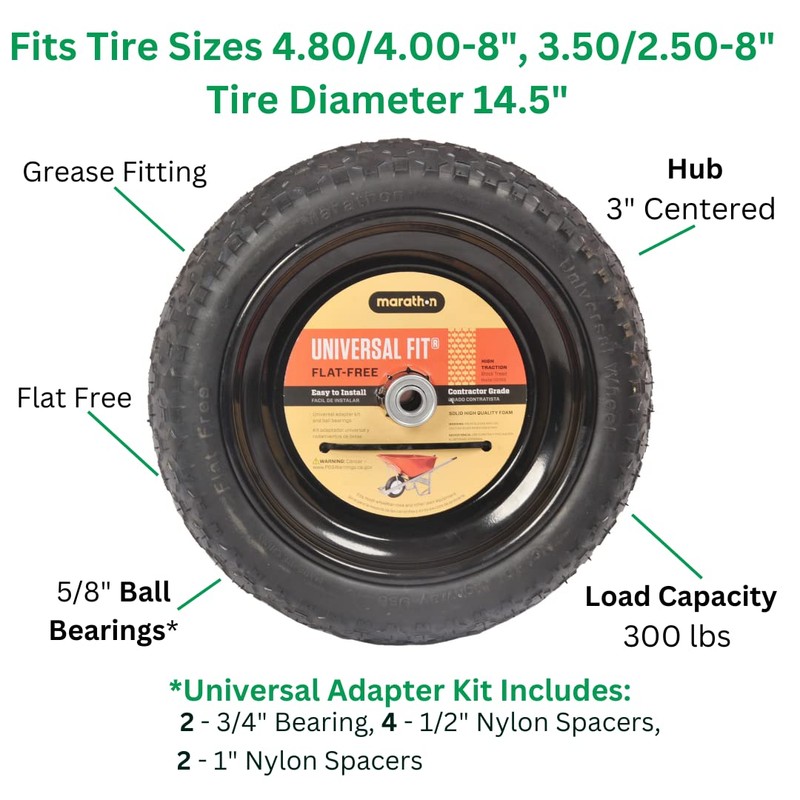 Universal Fit, Flat Free Wheelbarrow Tire and Wheel Assembly with