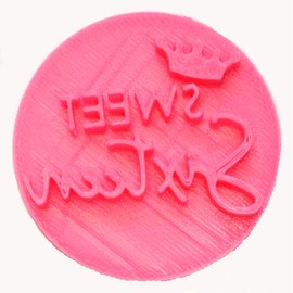 YNG SWEET SIXTEEN WORDS WITH PRINCESS TIARA CROWN SCRIPT FONT COOKIE STAMP EMBOSSER BAKING TOOL 3D PRINTED MADE IN USA PR4005 Pink