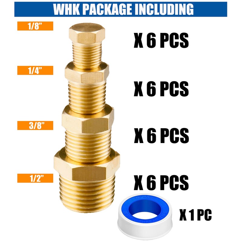 WHK 24 PCS Brass Hex Pipe Plug Fittings Kits,Brass Plugs