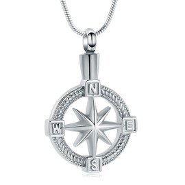 Oinsi Compass Cremation Pendant Necklace For Ashes For Men Women Stainless Steel Memorial Urn Jewelry Keepsake Holder Necklace (Silver)