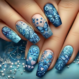 Floral Press on Nails Medium Coffin Shaped Fake Nails Glossy False Nails with Blue Flower Butterfly and Heart Designs Acrylic Nails Full Cover Stick on Nails for Women Nail Art Manicure 24 Pcs