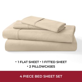 Mellanni 400 Thread Count Cotton Sateen Bedding Set - 4 Piece White Bed Sheets Set - Fits Mattresses up to 16" Deep - Cooling Sheet for Hot Sleepers (King, Beige)