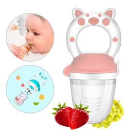 Chupón Para Fruta Y Papilla con Seguro Y Tapa Dibujos Animados, Libre de BPA (ROSA/BLANCO)