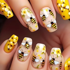 Medium Press on Nails Square Cute Fake Nails Yellow Flower Acrylic Nails Press on False Nails with Animal Designs Summer Glue on Nails Glossy Acrylic Ballet Nails Stick on Nails for Women 24PCS