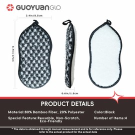 GUOYUANGLO Bamboo Fiber Kitchen Dish Sponge Heavy Duty Multipurpose Scrub Sponges for Dishes, Pots, Pans-Black,4 Pack