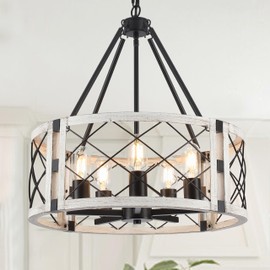 Corlaceling Rustic Farmhouse Chandelier, 19.8 inch 5-Light White Round Dining Room Lighting Fixtures Hanging Pendant Lighting for Kitchen Island Entryway Foyer Bedroom Hallway