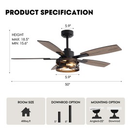 52 Inch Ceiling Fans with Lights and Remote & APP Control, Farmhouse Ceiling Fan with LED Lighting for Bedroom Living Room and Patio, Black Caged Ceiling Fan for Indoor and Outdoor(NO BULBS）