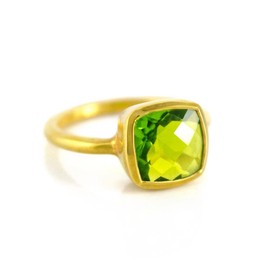 Cushion Cut Birthstone Ring Bezel Set in Vermeil Gold, Sterling Silver, or Rose Gold, Stacking Birthstone Ring (Peridot)