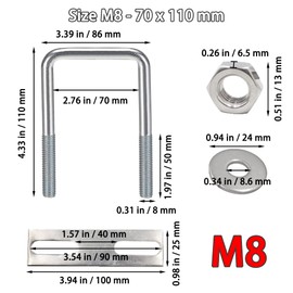 duoyif U-bolts U-bolt M8 U-bolt square, M8 U screws stainless steel with nut frame plate washer, U bracket screw for pipe attachment car towing (70 x 110 mm)