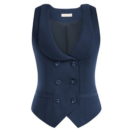 Belle Poque Women Retro Double Breasted Waistcoat U Neck Sleeveless Formal Suit Vest Navy Blue M