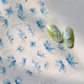 Blue Butterfly Nail Stickers Laser Flower Nail Decals with 5D Embossed Pearl Designs 3D Self-Adhesive Spring Nail Art Stickers Summer Nails Decoration Accessories for Women Girls Manicure 1 Sheet
