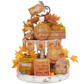 Set of 15 Fall Tiered Tray Decor Pumpkins Farmhouse Decor Autumn Maple Leaf Table Centerpieces Thanksgiving Harvest Wood Blocks Signs for Home Decor(Stylish Style)