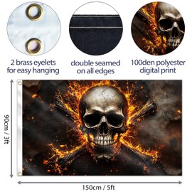 Pirate Flag – Jolly Roger Flag On Fire Crossed Bones – Funny Flag – 110Den polyester - Double Seam - 2 brass eyelets, large 5ft x 3ft