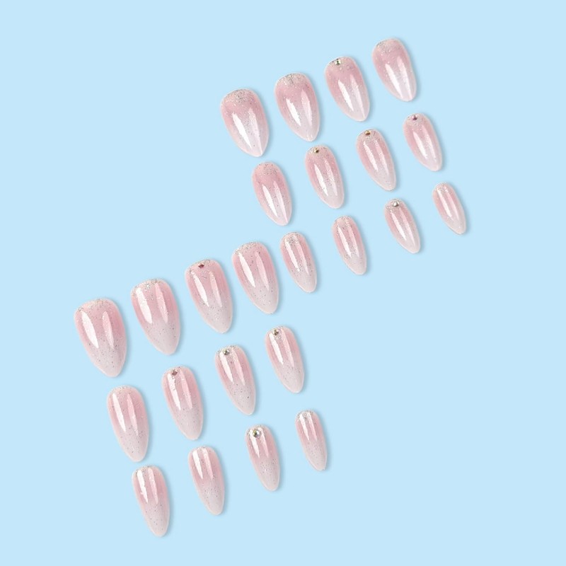 Pink Ombre Press On Nails Medium Almond Fake Nails Glitter