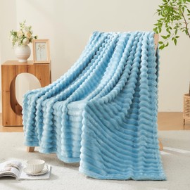 Deamsure Twin Blanket for Couch Blue 3D Ribbed Fleece Soft Lightweight Fuzzy Cozy Blankets for Sofa, Women, Girls, All Season Use (Blue Ribbed,Twin(60"x80"))