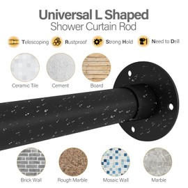 Yampos L Shaped Corner Shower Curtain Rod, 39" - 69" x 55" - 85" Adjustable 90 Degree Curved Bathroom Rod Square Rail No Sag with 12 Hooks & Ceiling Support - Black