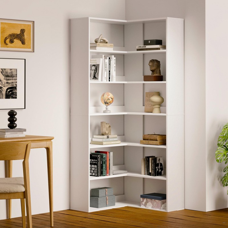 oneinmil Bookcase 6 Tiers with Baffles, Large Corner Bookshelf, 23.62"