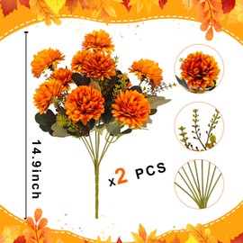 MUTCOLOR Fall Flowers Artificial for Decoration, 18 Heads Fake Mums Fall Floral Arrangement Silk Chrysanthemums Bouquet for Outdoor Home Indoor Table Pots Vase Cemetery Decoration, 2 Pcs