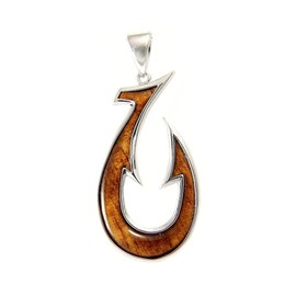 Arthur's Jewelry Genuine inlay Hawaiian koa wood fish hook pendant sterling silver 925 large 23mm