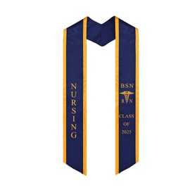 Ovaltag BSN RN Nursing Graduation Stole Class of 2025 With Medical Logo, Gift for Nurse Student (Navy Blue/Gold trim, CLASS OF 2025)