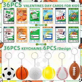 36 Pack Valentines Sports Ball Keychain with Valentines Day Cards for kids School, Valentine Day Gifts Stress Ball Keychain for Valentine Day Party Gifts School Classroom Exchange Prizes Bag Stuffers
