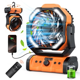 Portable Camping Fan Rechargeable 20000mAh Battery Operated Oscillating USB C Battery Powered Fan with LED Lantern, Head Rotation,Timer, Remote Auto, Hook for Tents Travel Outdoor Beach Orange