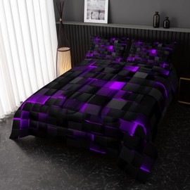 Nttopship Neon Purple Black Comforter Set Queen Geometric Kids Bedding Set,3 PCS Geometry Honeycomb Bed Set Modern Quilt Set 1 Comforter 2 Pillow Cases Cool Room Decor All Season B-Side Black