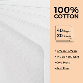 Watercolor Journal - 100% Cotton Cold Pressed Paper | 20 Sheets 40 Pages | 300GSM (140lbs) | Linen Cotton Cover Watercolor Sketchbook for Artist Painting Mixed Media 4.75" x 4.7"