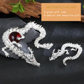 LIYAOLI 3D Printed Dragon Metal Articulated Dragon 2024 Chinese Dragon Statue Silver Dragon 15 Inch Flexible Joints Luck Dragon for Home Office Desk Decoration,with Red Dragon Gemstone Bead