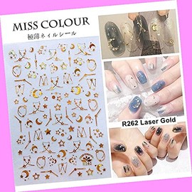 Laser Gold Galaxy Meteor Stars Zodiac Constellation Moon Stripes 3D Nail Sticker R262 for Nails Design Nail Art Stickers Decals Supplies Manicure Tips Sticker Colorful for Nail Decorations