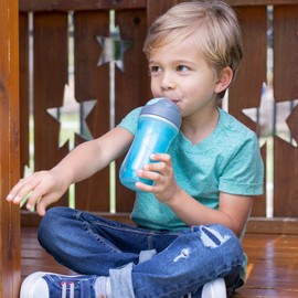 Chicco Double-Wall Insulated Flip-Top Sippy Cup with Silicone Straw and Spill-Free Lid 9oz.| Top-Rack Dishwasher Safe | Easy to Hold with Ergonomic Indents | Blue Discover/Teal, 2pk | 12+ month