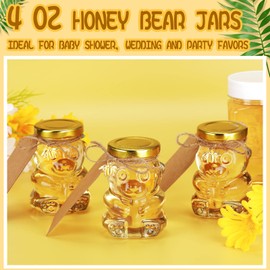 12 Pieces 4 oz Bear Shaped Glass Honey Jars Gold Lids Extra Gold Bee Pendants Clear Plastic Spoon Kraft Paper Tags Twine for Baby Shower Wedding Party Favors