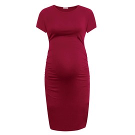 Smallshow Women's Short Sleeve Maternity Dress Ruched Pregnancy Clothes Medium Wine