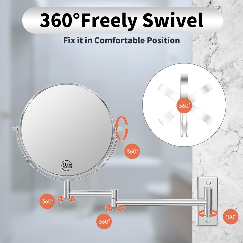 Erlingeryi Wall Mounted Makeup Mirror 1X/10x, 8" Double-Sided Swivel Extendable