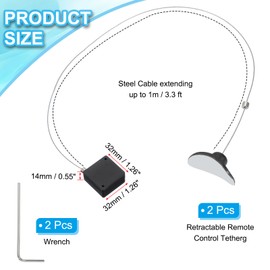 PATIKIL 3.3 Ft Retractable Remote Control Tether, 2 Pcs Square Security Cable Lanyard Lock Pause Style with Adjustable Clasp Adhesive for TV Remote Controller, Black(Curved Rubber Cap)