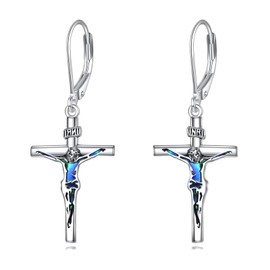 YFN Crucifix Cross Earrings Sterling Silver INRI Cross Dangle Drop Leverback Earrings Abalone Shell Jewelry Jesus Gifts for Women Men